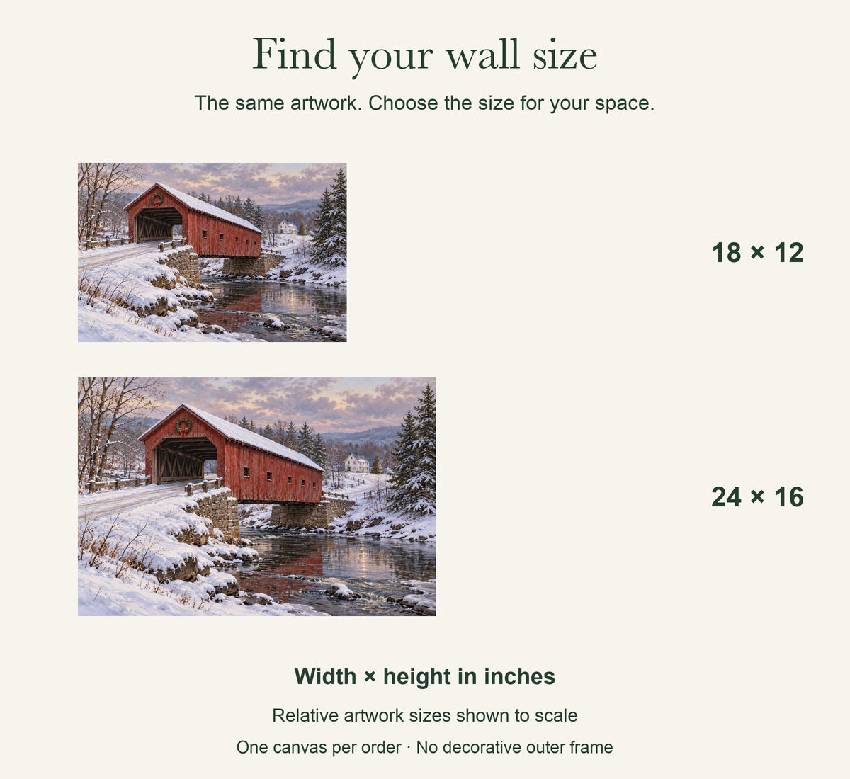 Christmas Beyond the Covered Bridge — Christmas Canvas Wall Art — artwork size comparison, width × height in inches — Image 8