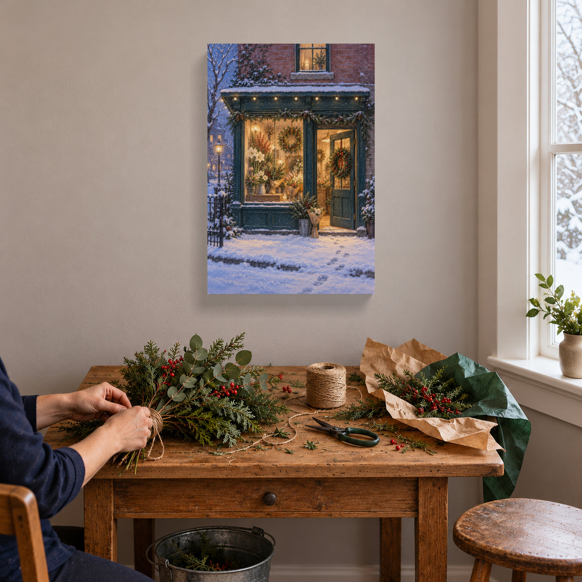 The Flower Shop Stays Open — Christmas Canvas Wall Art — Lifestyle view of the complete canvas — Image 2