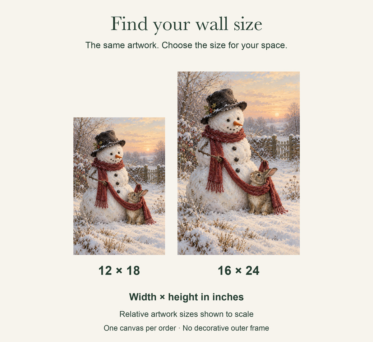 A Scarf for the Smallest Guest — Christmas Canvas Wall Art — artwork size comparison, width × height in inches — Image 7