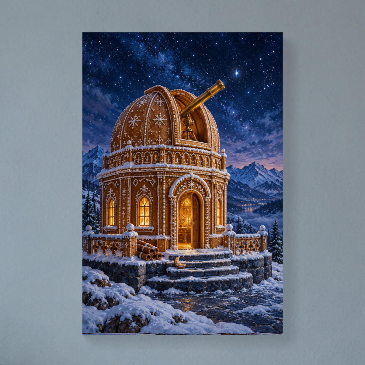The Gingerbread Observatory — Christmas Canvas Wall Art — Complete canvas on a softly lit wall, lifestyle main image — Image 1