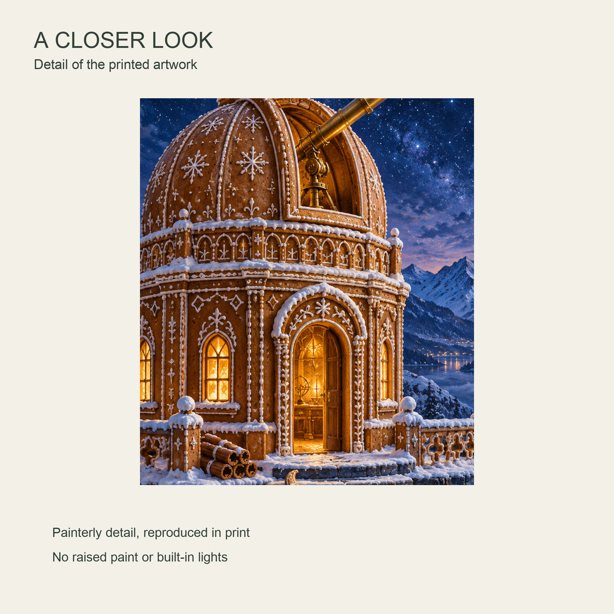 The Gingerbread Observatory — Christmas Canvas Wall Art — Detail crop of the printed artwork — Image 4