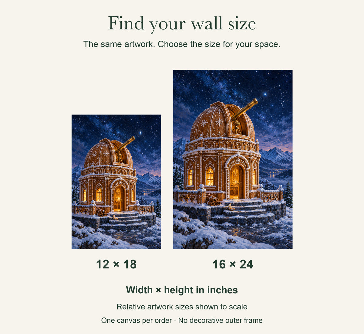 The Gingerbread Observatory — Christmas Canvas Wall Art — artwork size comparison, width × height in inches — Image 7