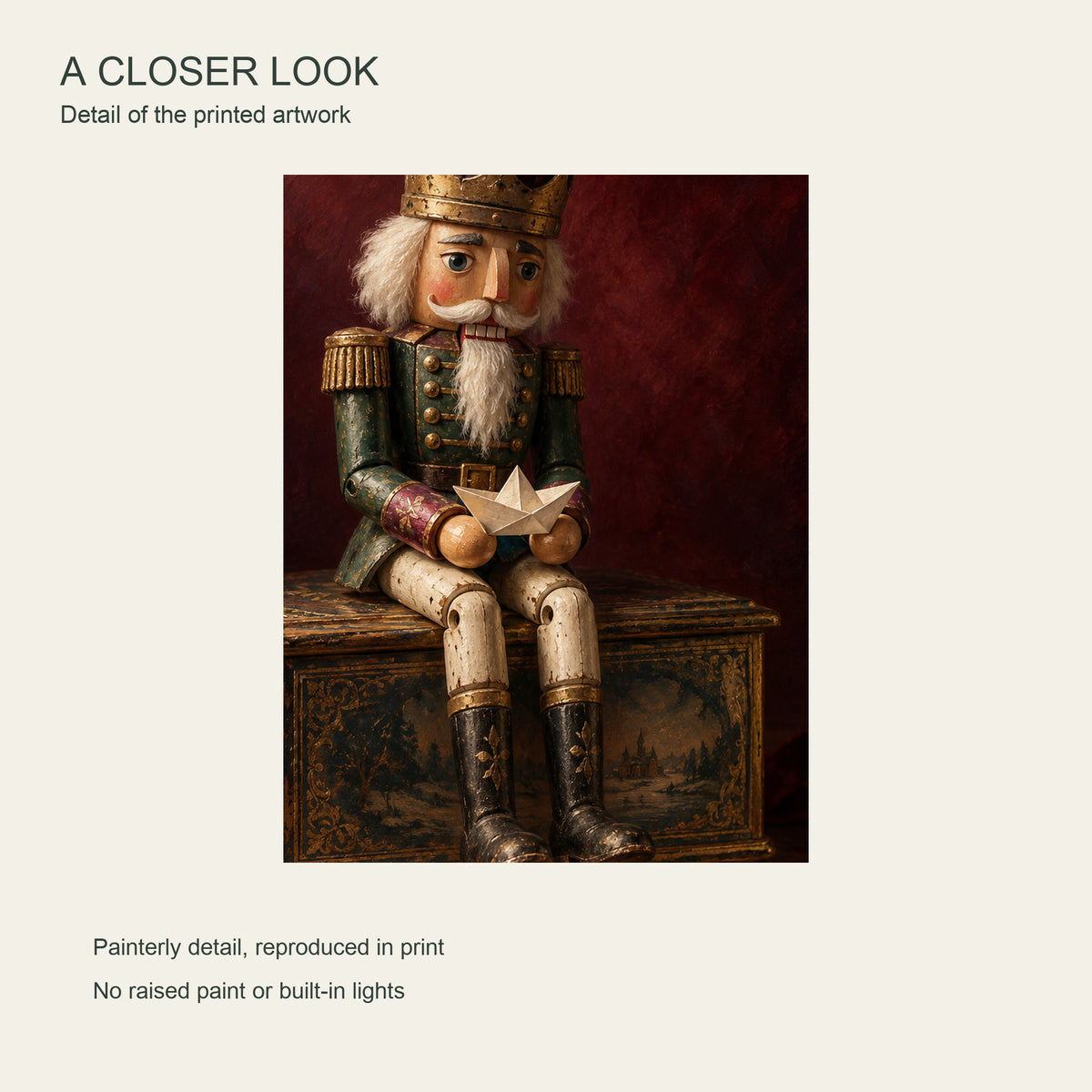 The Nutcracker’s Paper Voyage — Christmas Canvas Wall Art — Detail crop of the printed artwork — Image 4