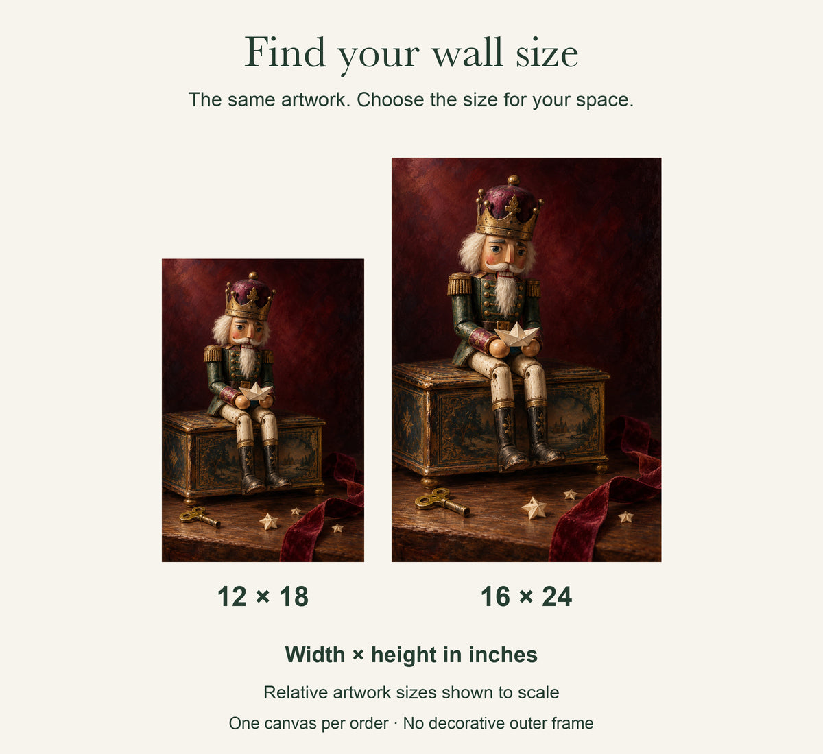The Nutcracker’s Paper Voyage — Christmas Canvas Wall Art — artwork size comparison, width × height in inches — Image 7