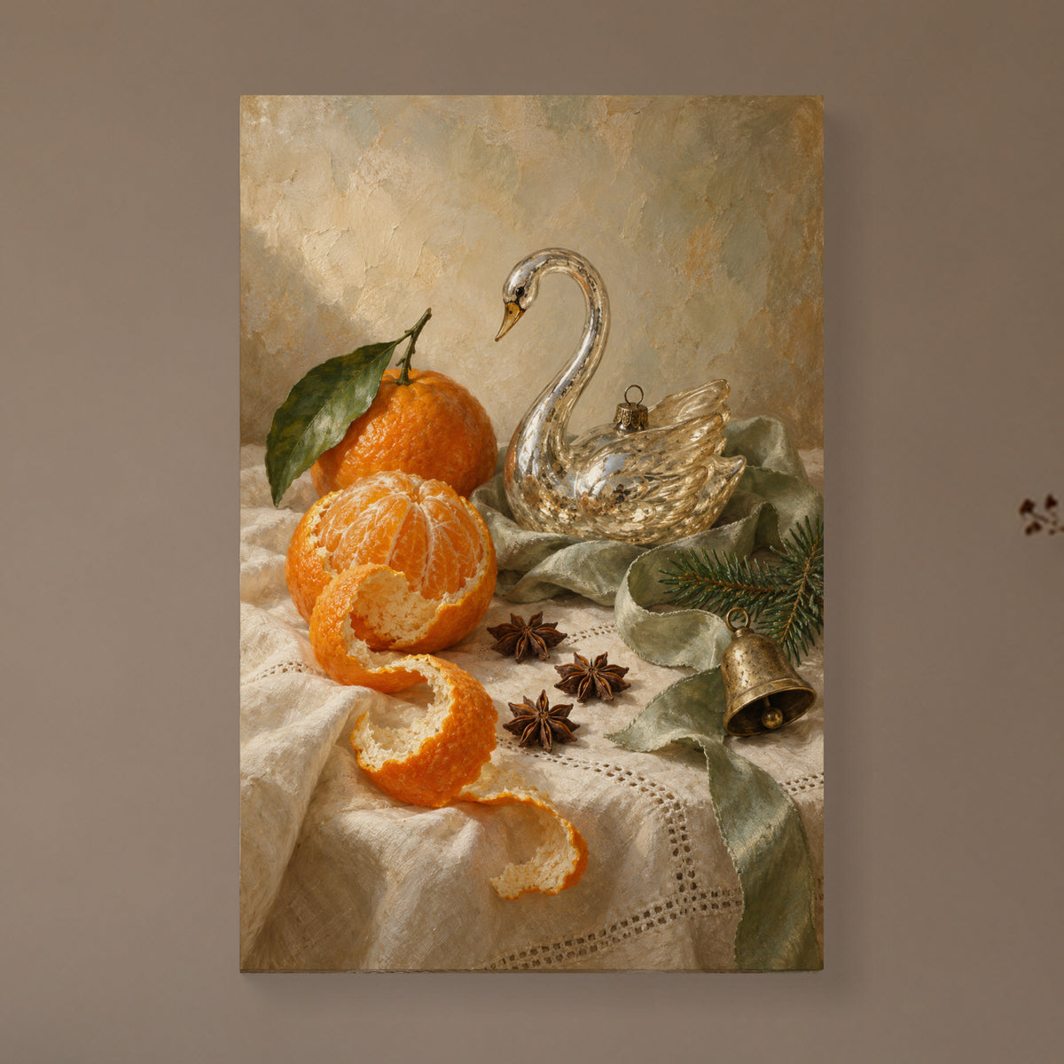 Orange Peel and the Glass Swan — Christmas Canvas Wall Art — Complete canvas on a softly lit wall, lifestyle main image — Image 1