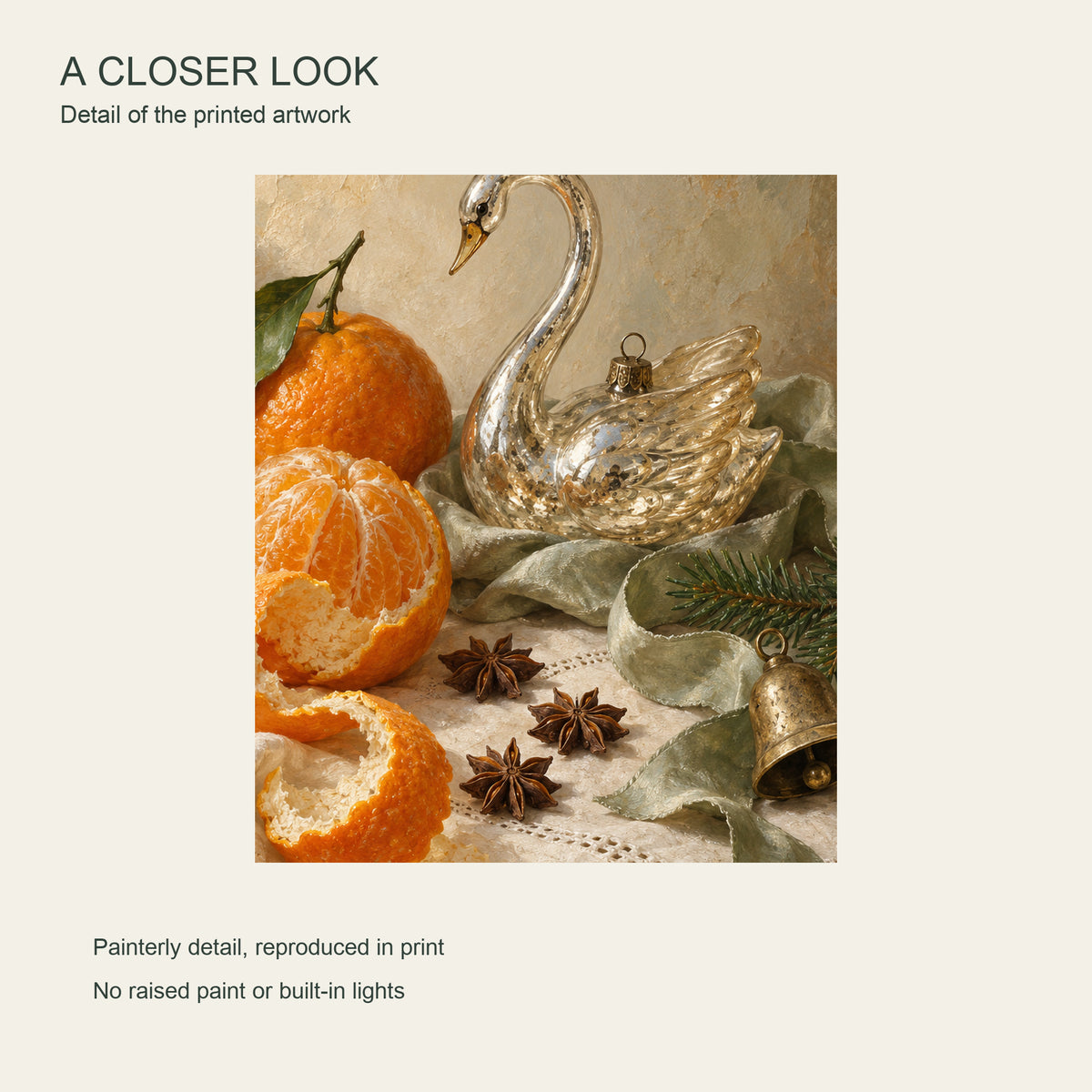 Orange Peel and the Glass Swan — Christmas Canvas Wall Art — Detail crop of the printed artwork — Image 4