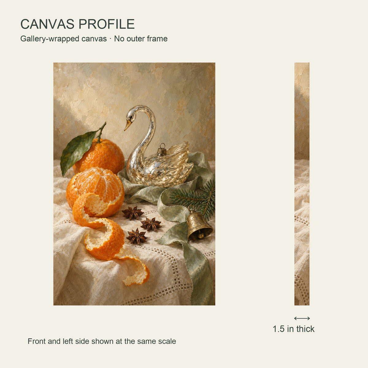Orange Peel and the Glass Swan — Christmas Canvas Wall Art — Front and left side profile at the same scale, 1.5 inches deep — Image 5