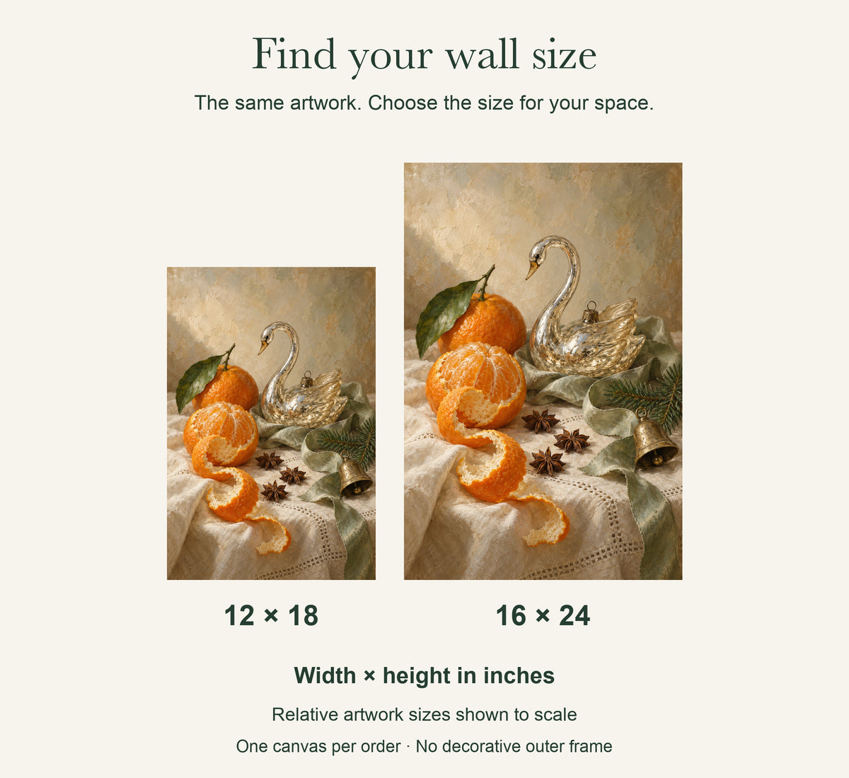 Orange Peel and the Glass Swan — Christmas Canvas Wall Art — artwork size comparison, width × height in inches — Image 7