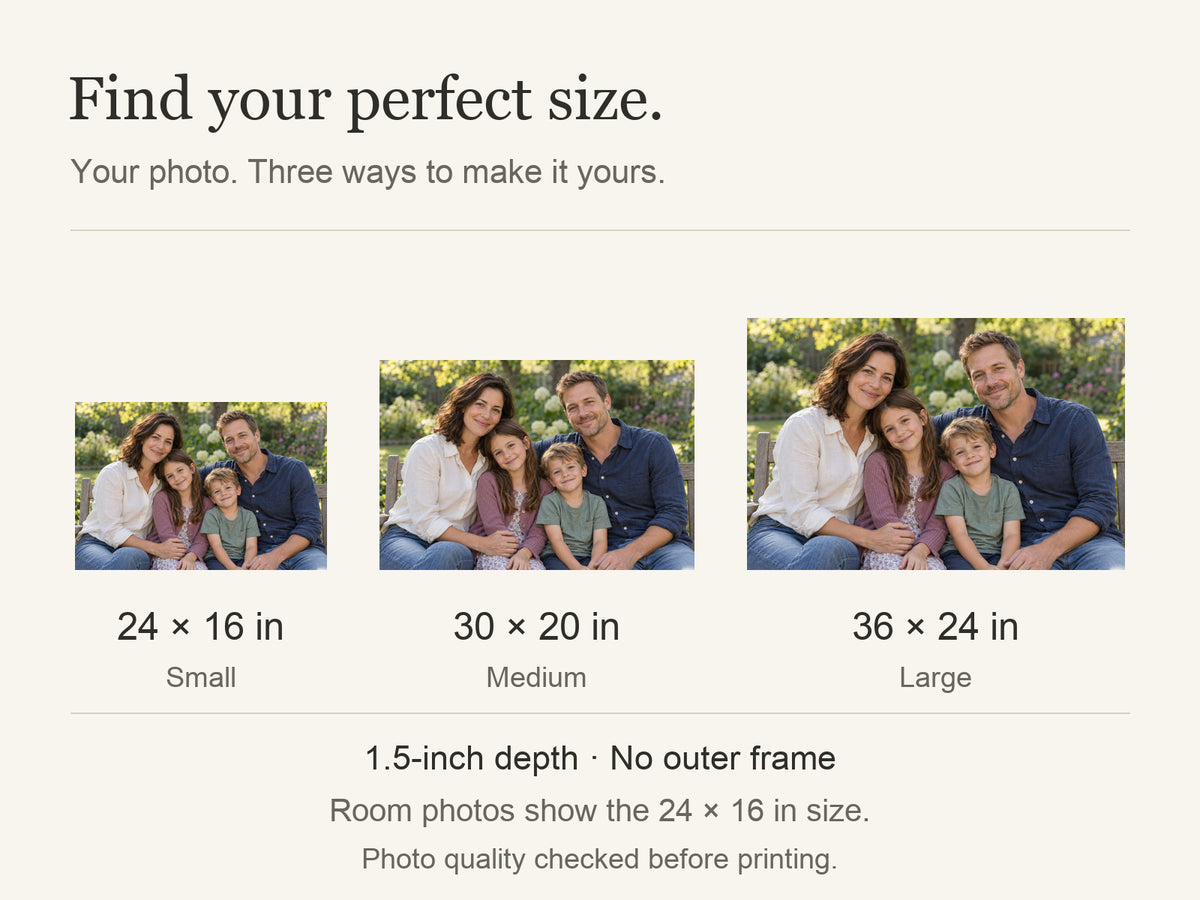 Personalized Family Photo Canvas — Your Photo, Printed in the USA — Available sizes: 24 × 16 in, 30 × 20 in, 36 × 24 in; width × height; 1.5-inch depth; room photos show 24 × 16 in — Image 10