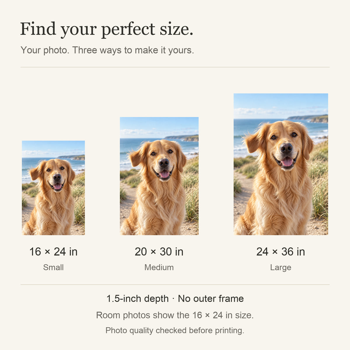 Personalized Pet Photo Canvas — Your Photo, Printed in the USA — Available sizes: 16 × 24 in, 20 × 30 in, 24 × 36 in; width × height; 1.5-inch depth; room photos show 16 × 24 in — Image 10