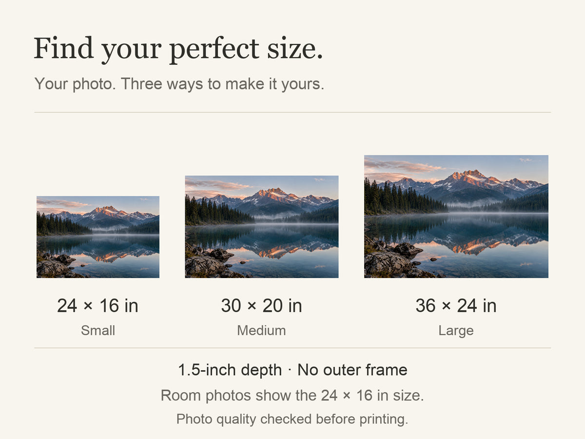 Personalized Landscape Photo Canvas — Your Photo, Printed in the USA — Available sizes: 24 × 16 in, 30 × 20 in, 36 × 24 in; width × height; 1.5-inch depth; room photos show 24 × 16 in — Image 10