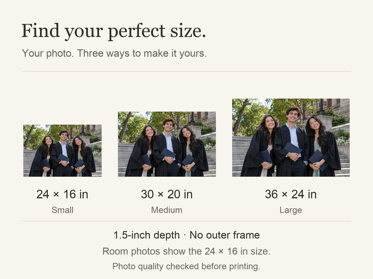 Personalized Graduation & Milestone Photo Canvas — Available sizes: 24 × 16 in, 30 × 20 in, 36 × 24 in; width × height; 1.5-inch depth; room photos show 24 × 16 in — Image 10