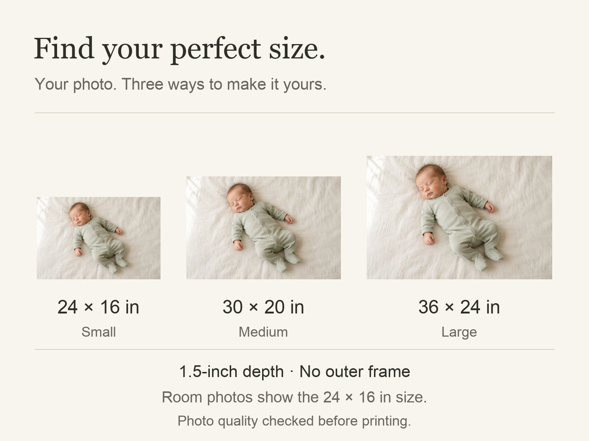 Personalized Baby Photo Canvas — Available sizes: 24 × 16 in, 30 × 20 in, 36 × 24 in; width × height; 1.5-inch depth; room photos show 24 × 16 in — Image 10