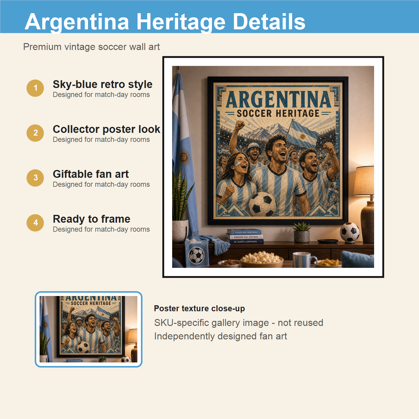 Argentina Soccer Heritage print details with sky blue retro style collector poster look and giftable fan art