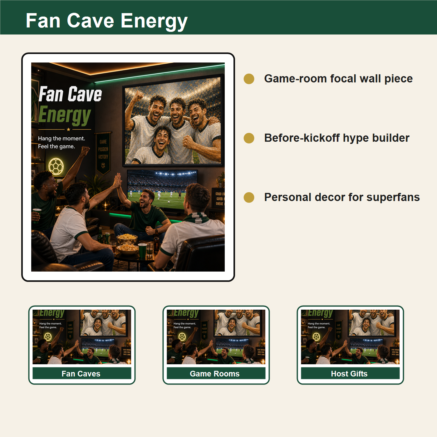 Fan cave match night styling board for personalized World Cup inspired wall art