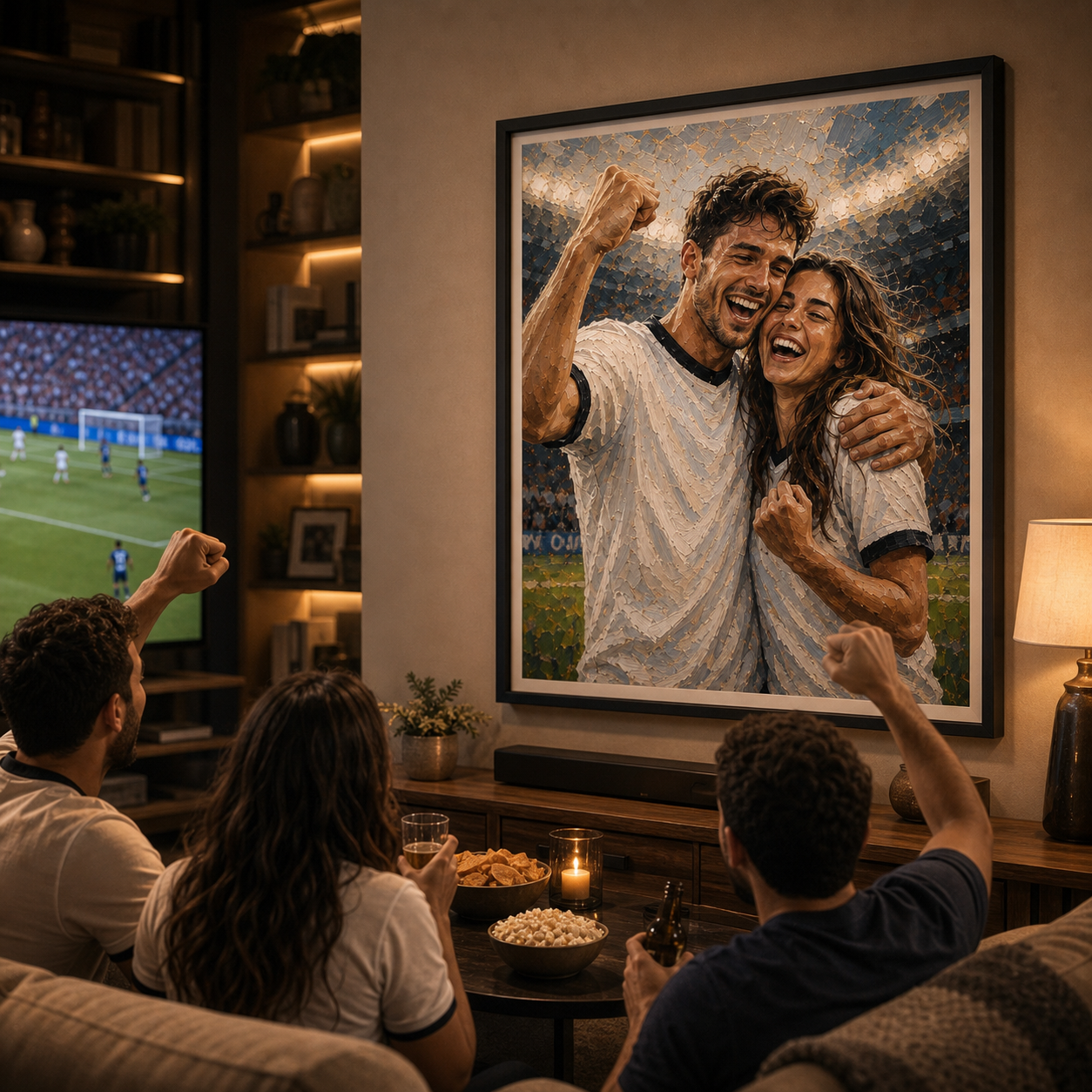 Football portrait print from photo in warm living room match-night wall art setting