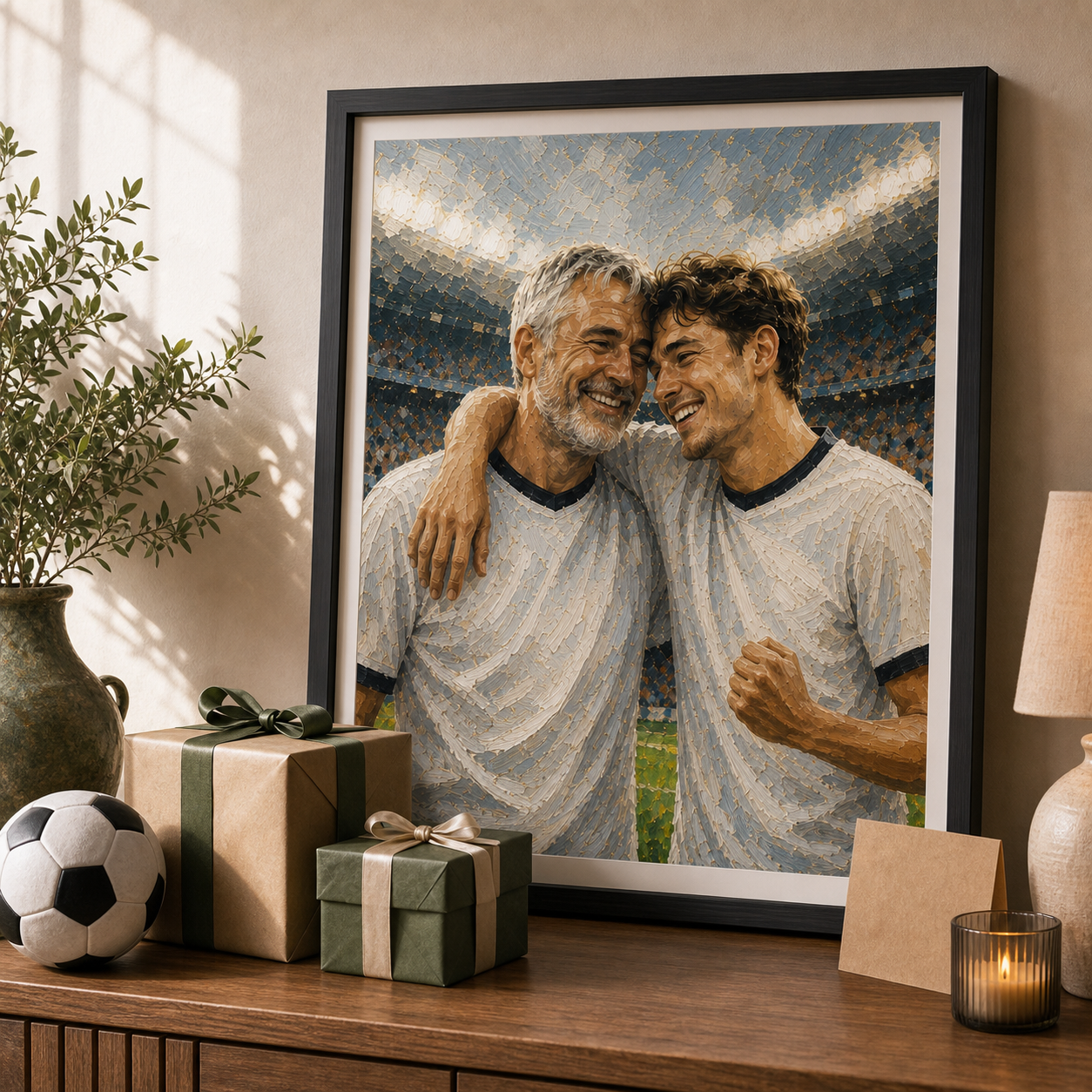 Football portrait print from photo father and son gift display