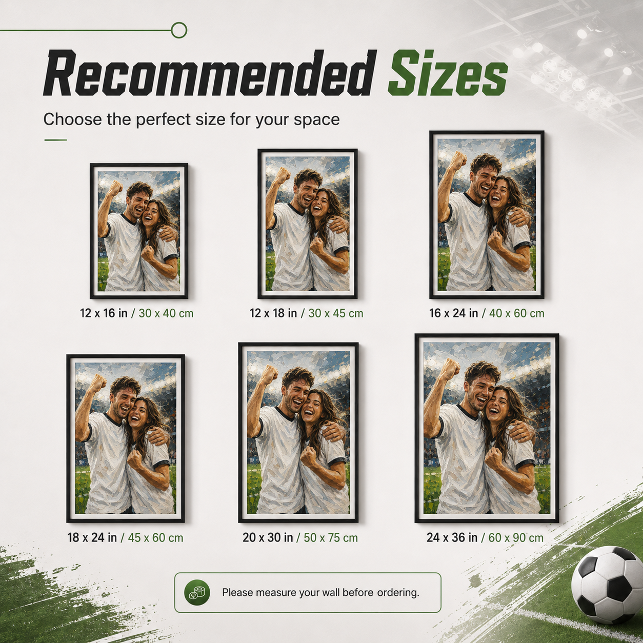 Recommended sizes for personalized football portrait print