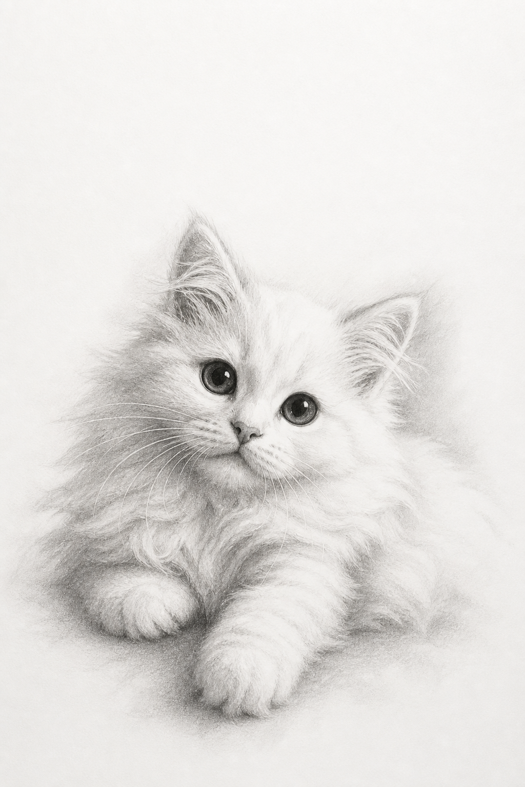 Custom pet charcoal portrait - hand drawn white kitten pencil sketch on white paper