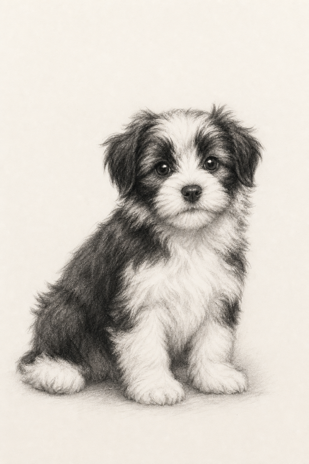 Custom pet charcoal portrait - hand drawn puppy pencil sketch on white paper