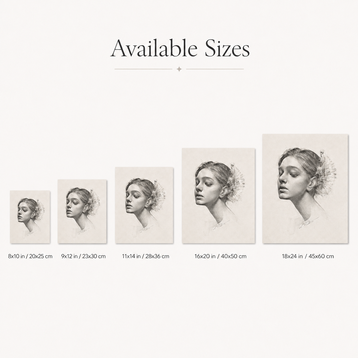 Available custom portrait sizes: 8x10, 9x12, 11x14, 16x20, and 18x24 inches