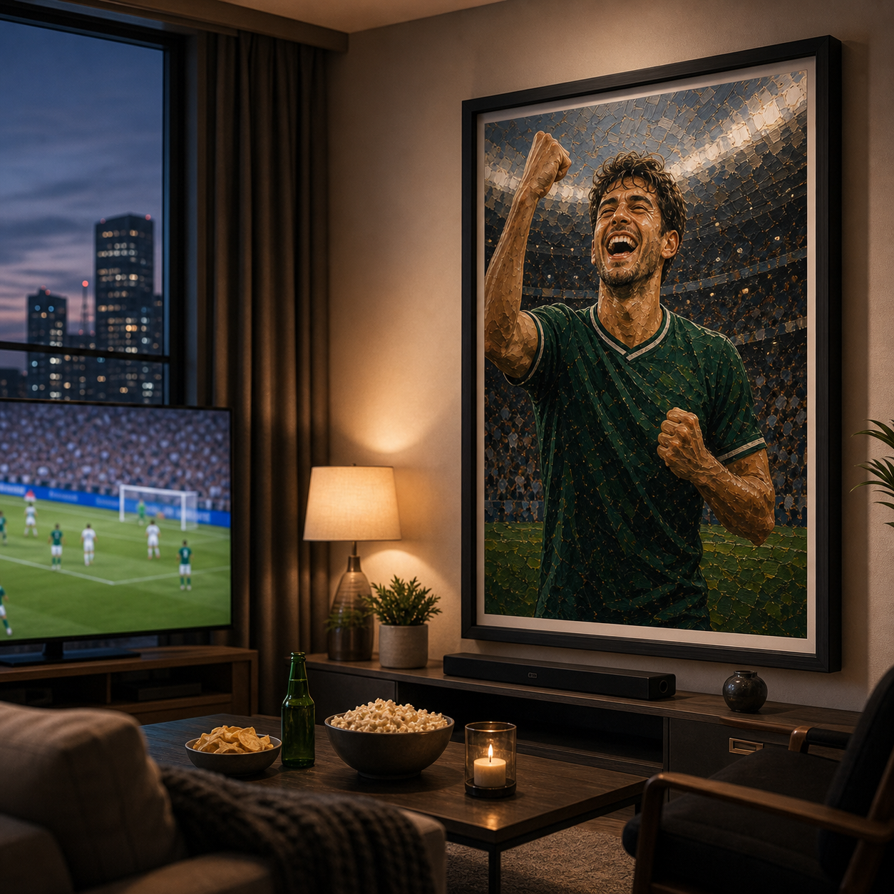 Soccer portrait print from photo modern apartment match-night wall art setting