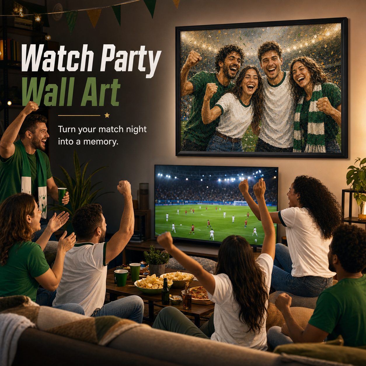 Custom World Cup inspired living room watch party wall art from photo
