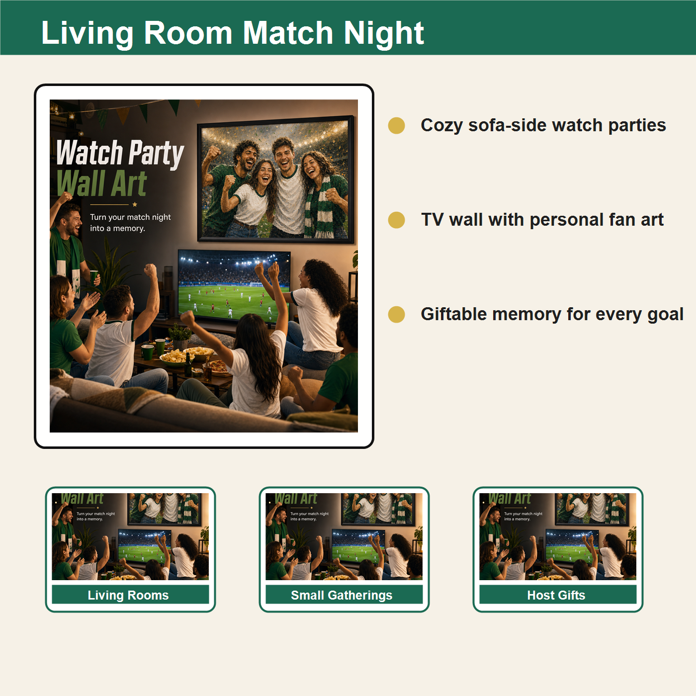 Living room match night styling board for personalized World Cup inspired wall art