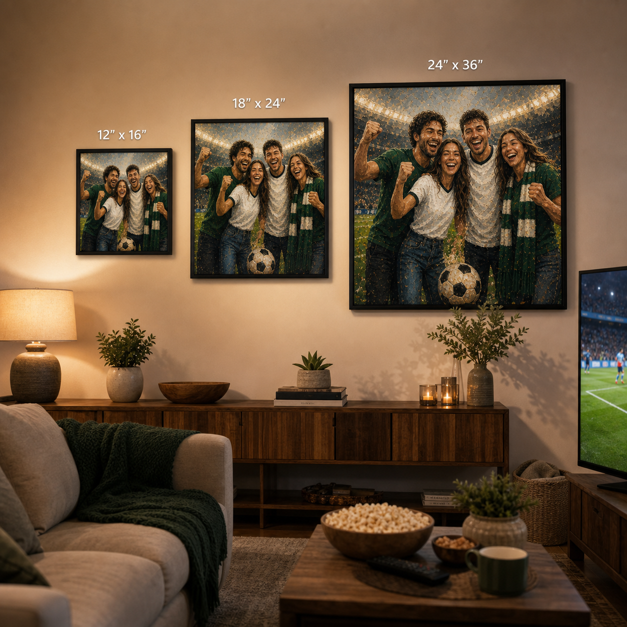 Custom World Cup inspired wall art size guide with 12 by 16 18 by 24 and 24 by 36 examples