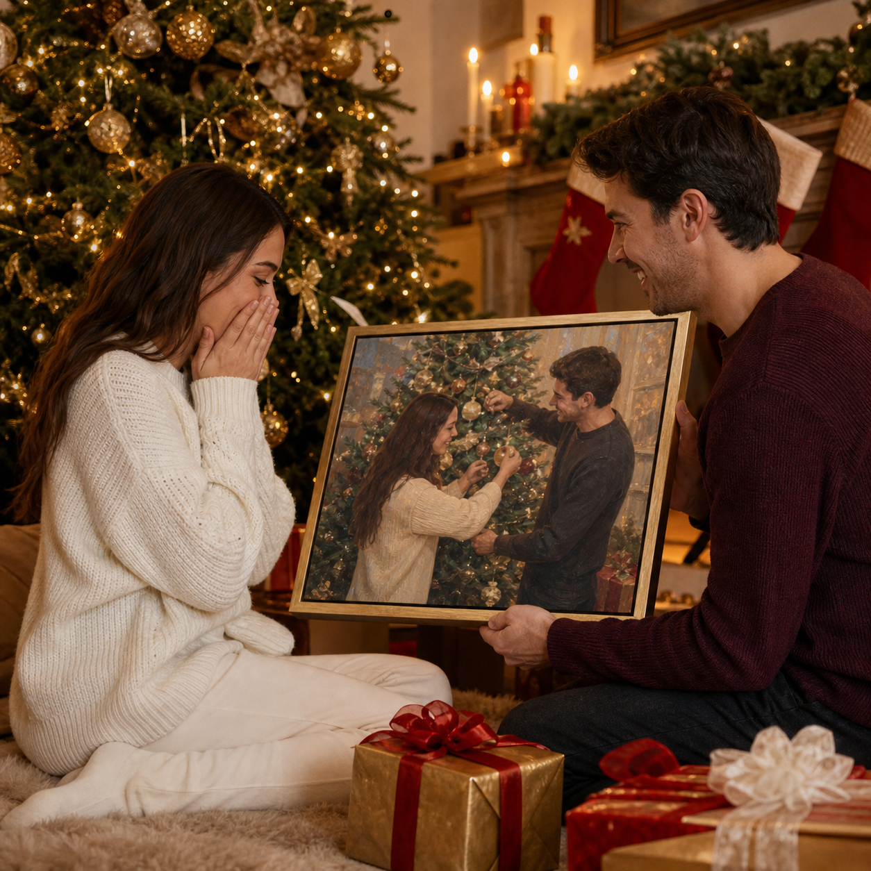 Couple revealing a personalized First Christmas portrait gift