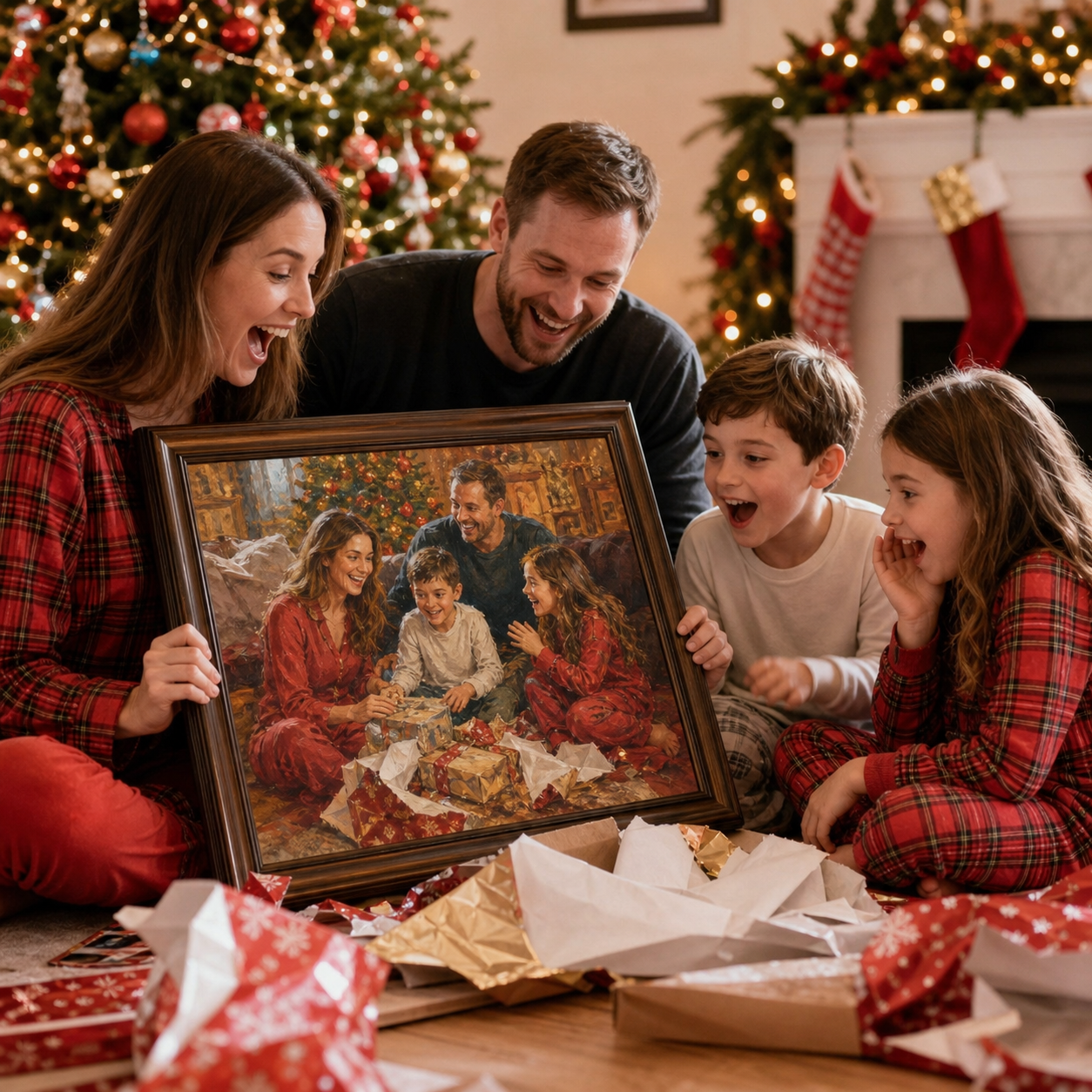 Family receiving a personalized Christmas portrait gift