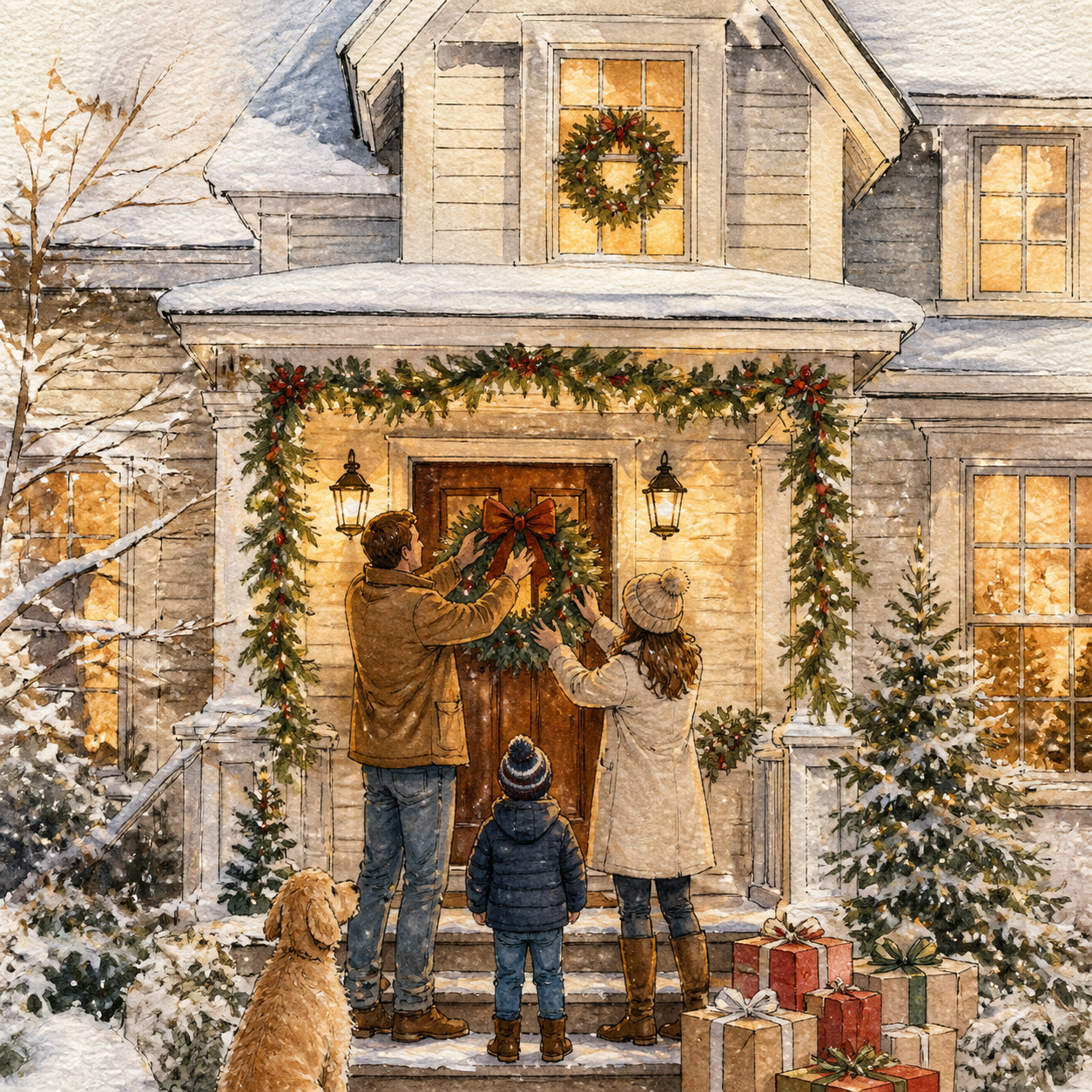 Detailed personalized Christmas home watercolor portrait