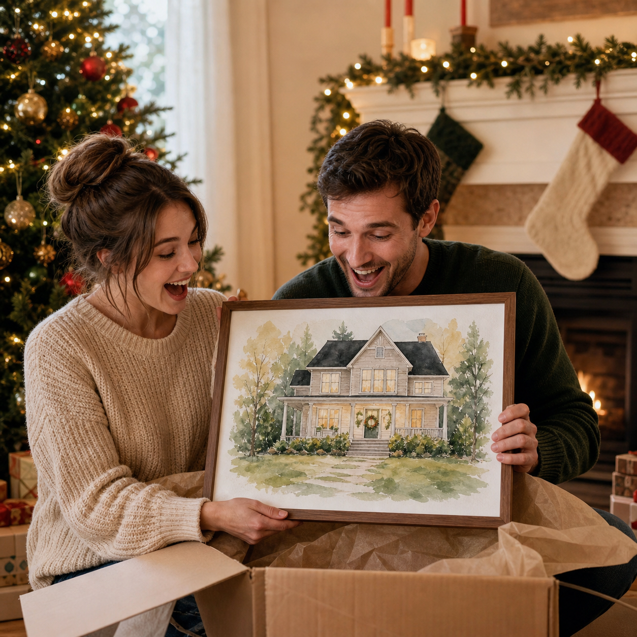 New homeowners receiving a personalized Christmas house portrait