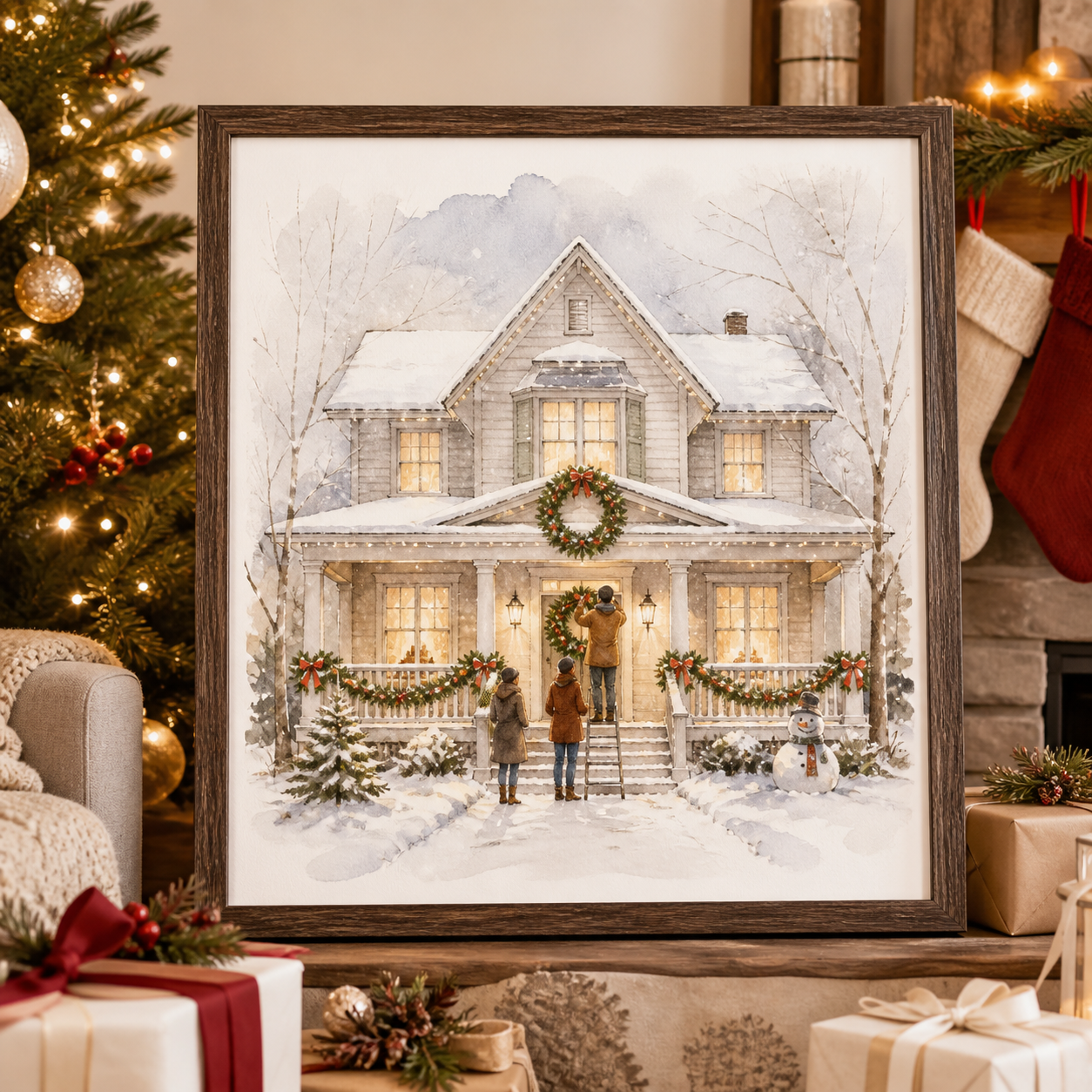 Family decorating their home for Christmas — personalized house portrait mockup