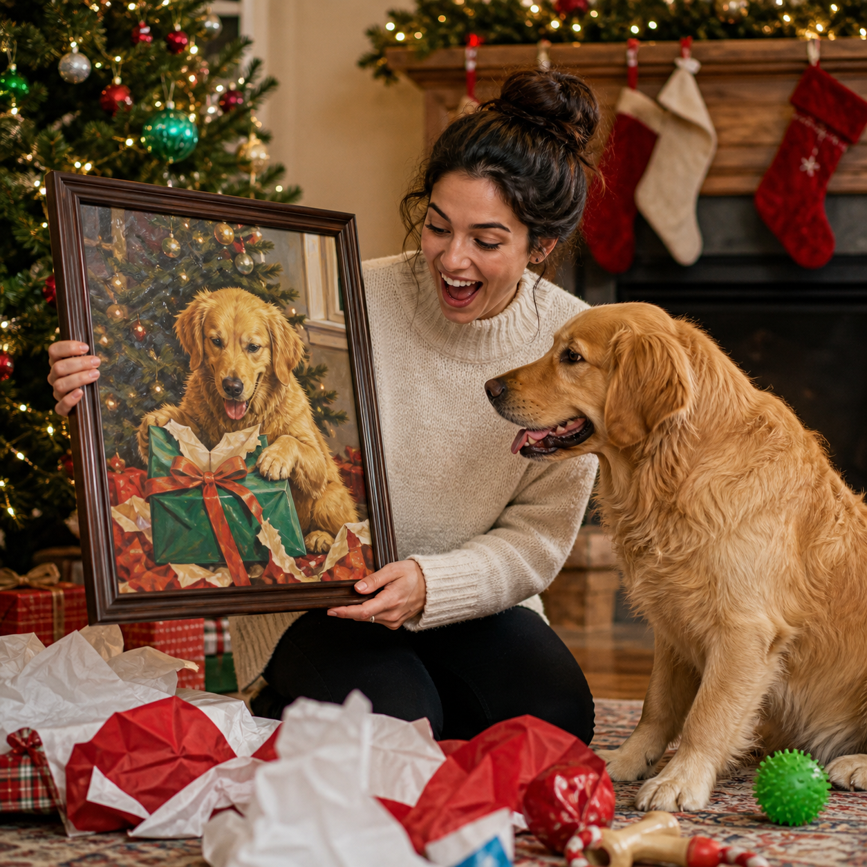 Pet owner receiving a personalized Christmas pet portrait