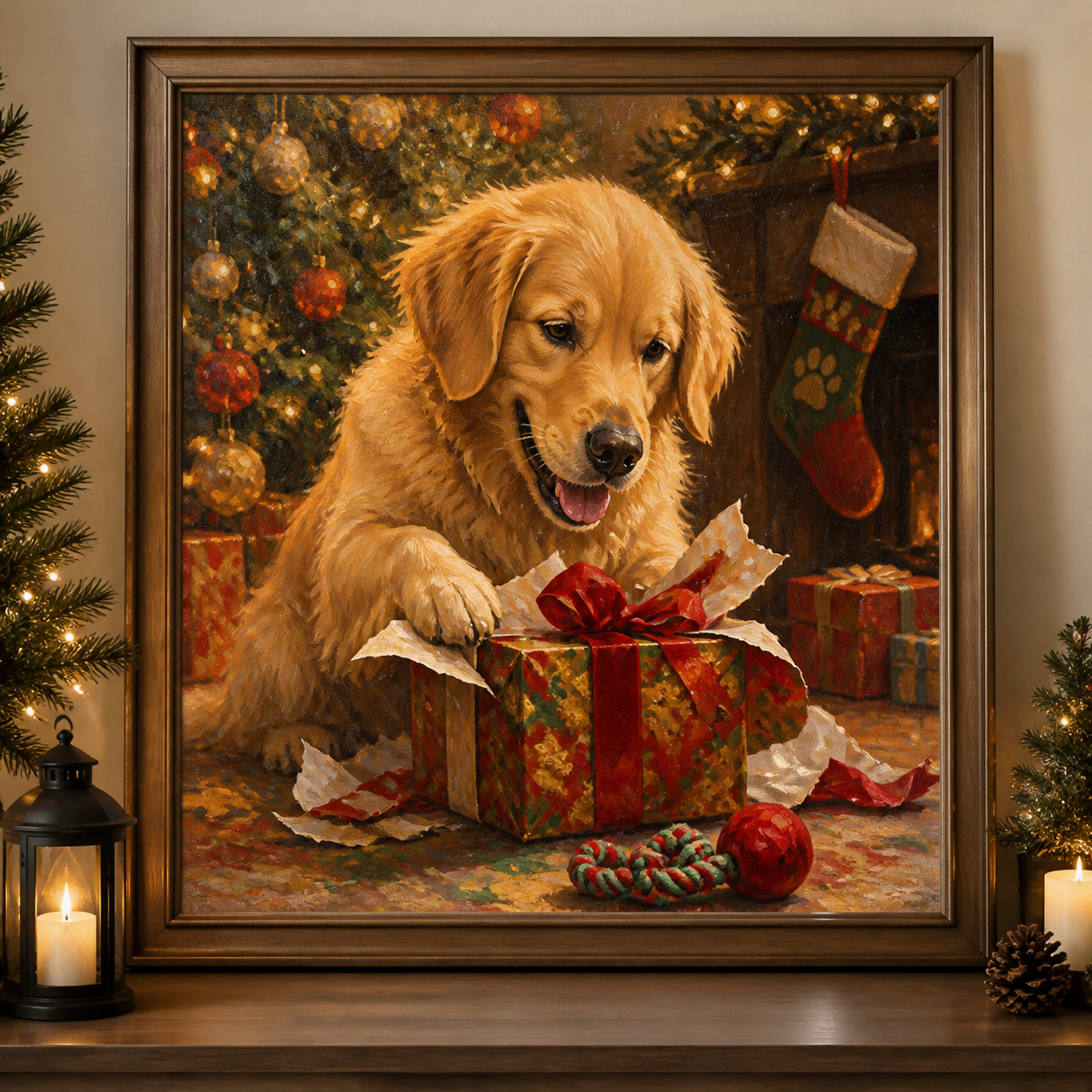 Dog opening a Christmas present — personalized pet portrait mockup