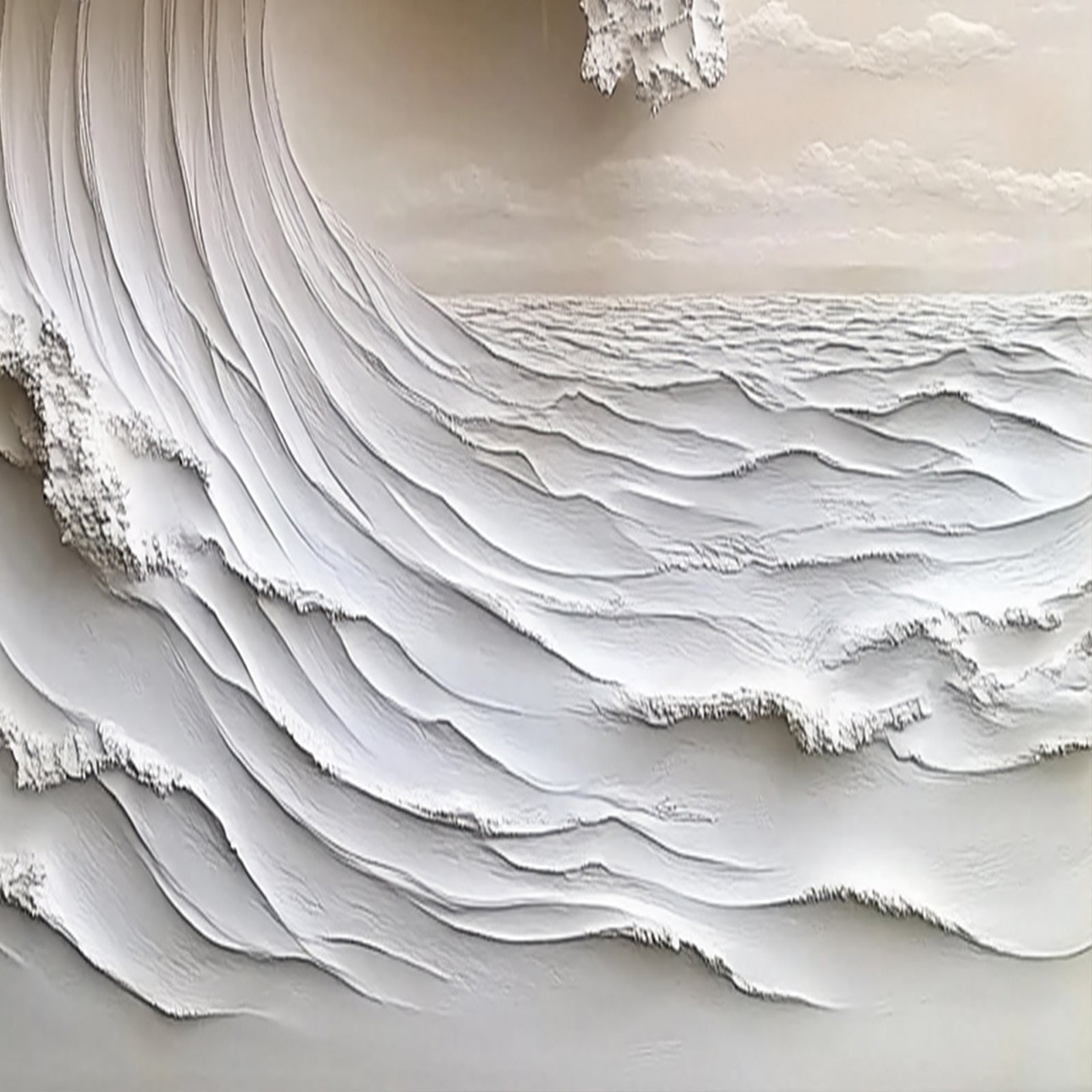 Detail view of monochrome coastal oil painting on canvas