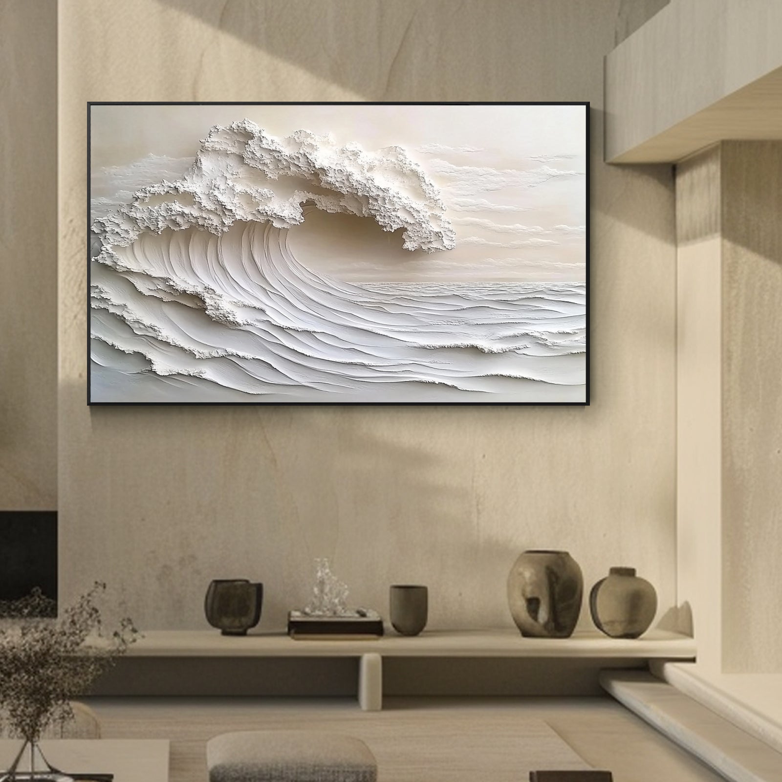Large horizontal wave painting styled in a refined neutral room