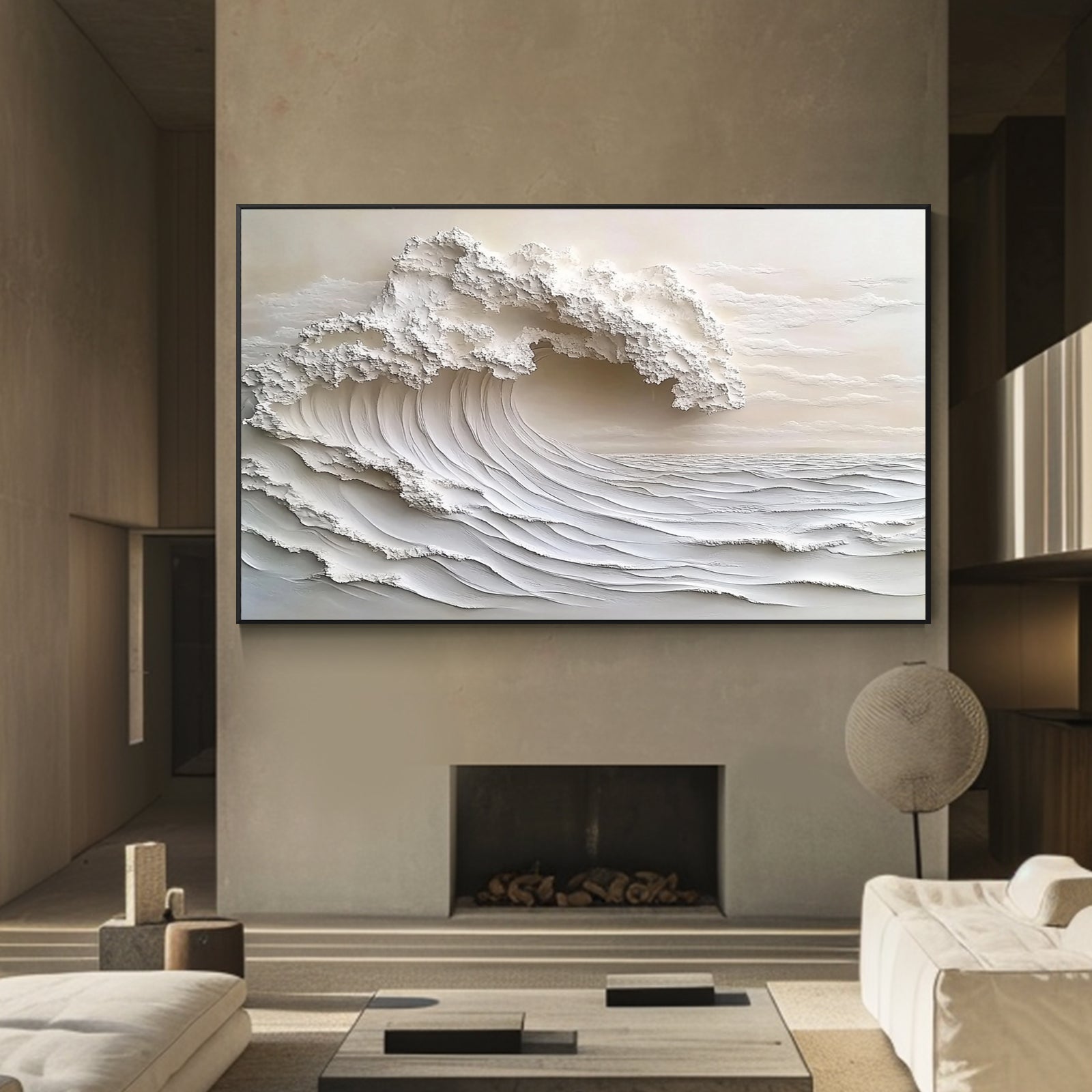 Hand-painted ocean artwork shown as luxury living-room wall decor