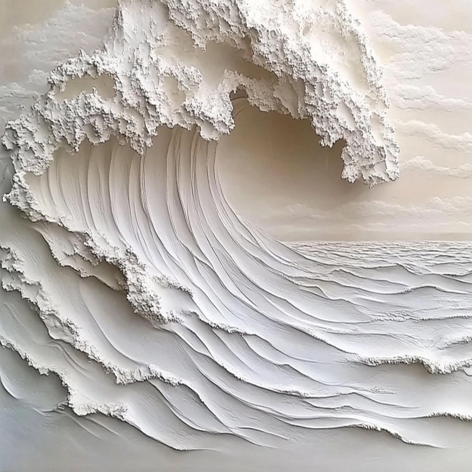 Close-up of raised palette-knife texture on an ivory wave painting