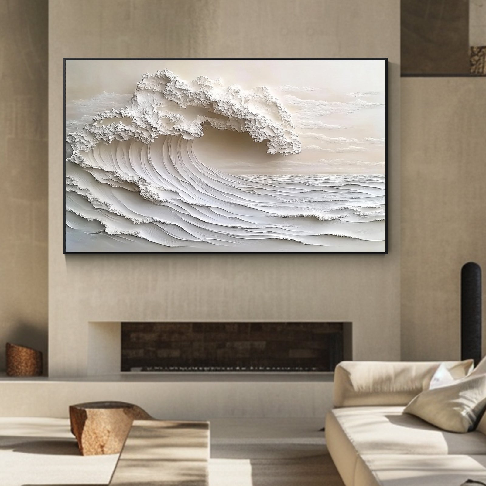 Ivory textured ocean wave oil painting styled in a contemporary living room
