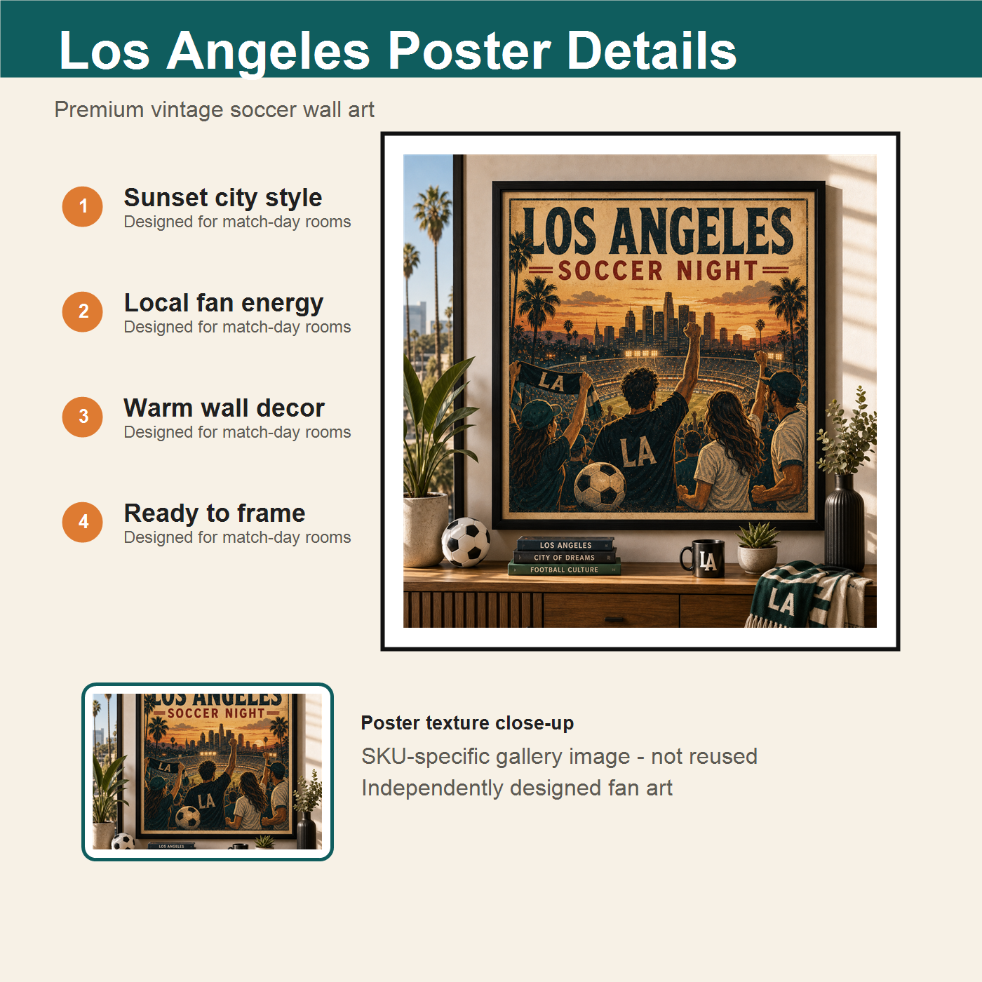 Los Angeles Soccer Night print details with sunset city style local fan energy and warm wall decor