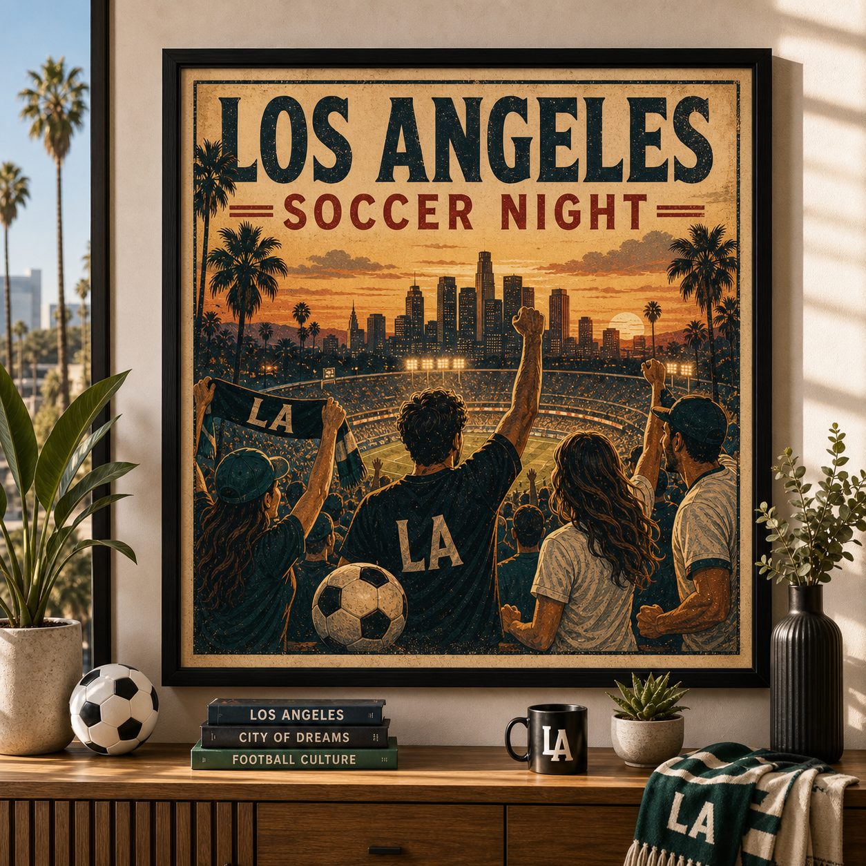 Los Angeles Soccer Night vintage city art print framed wall art
