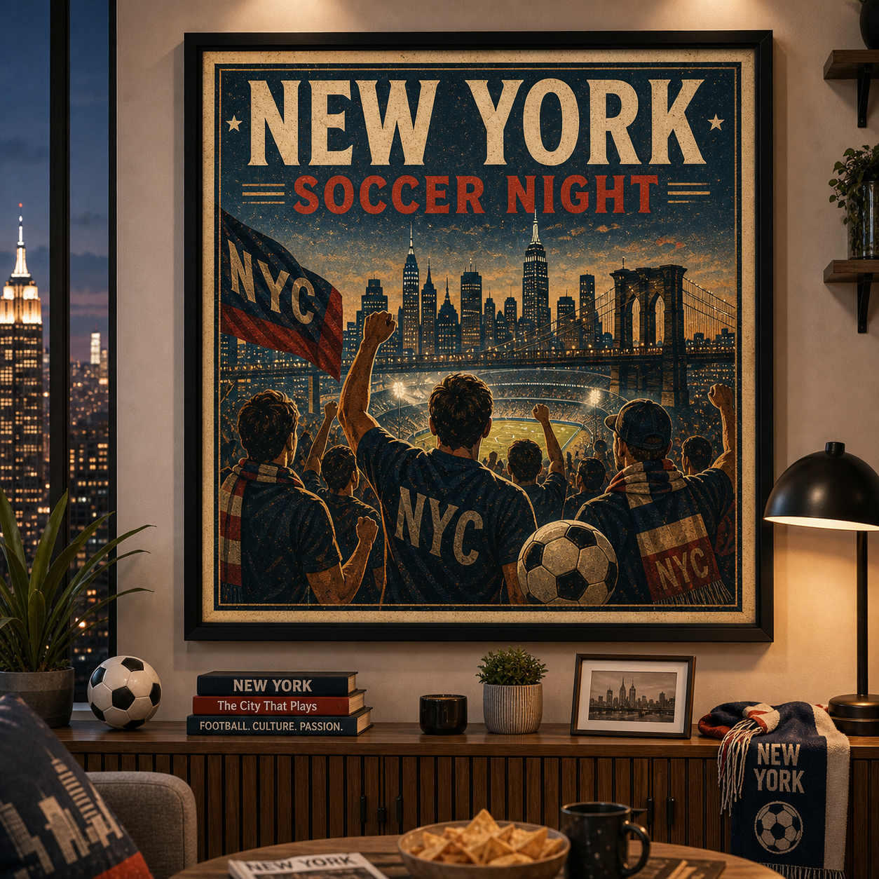New York Soccer Night vintage city art print framed wall art