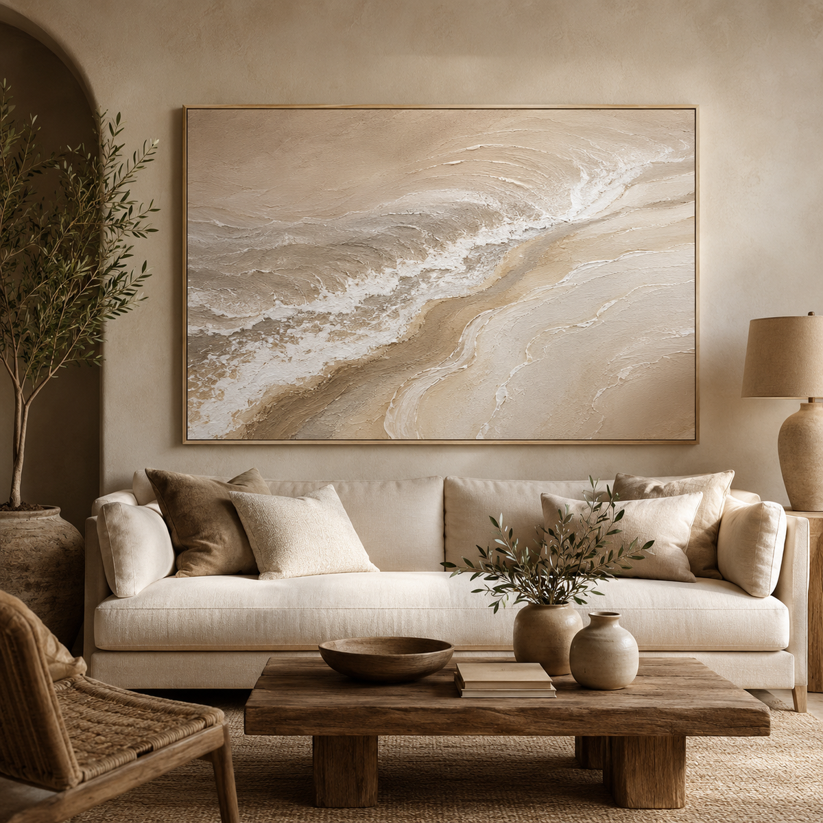 Hand-Painted Neutral Coastal Oil Painting, Textured Abstract Seascape Wall Art — artwork detail