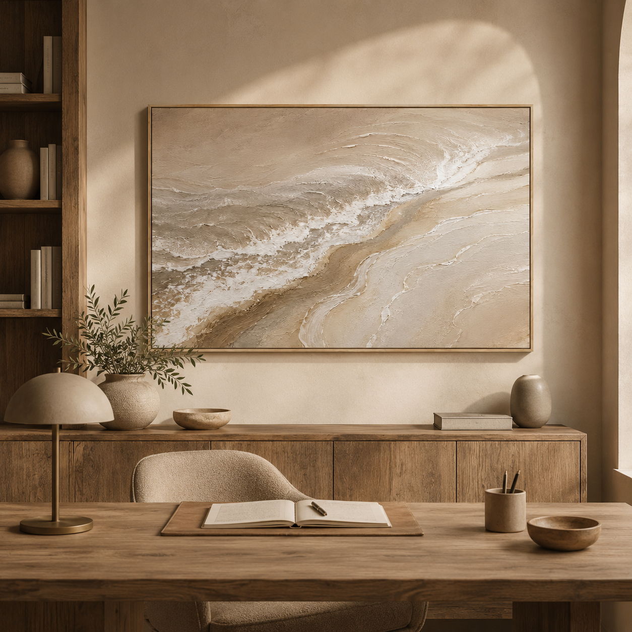 Hand-Painted Neutral Coastal Oil Painting, Textured Abstract Seascape Wall Art