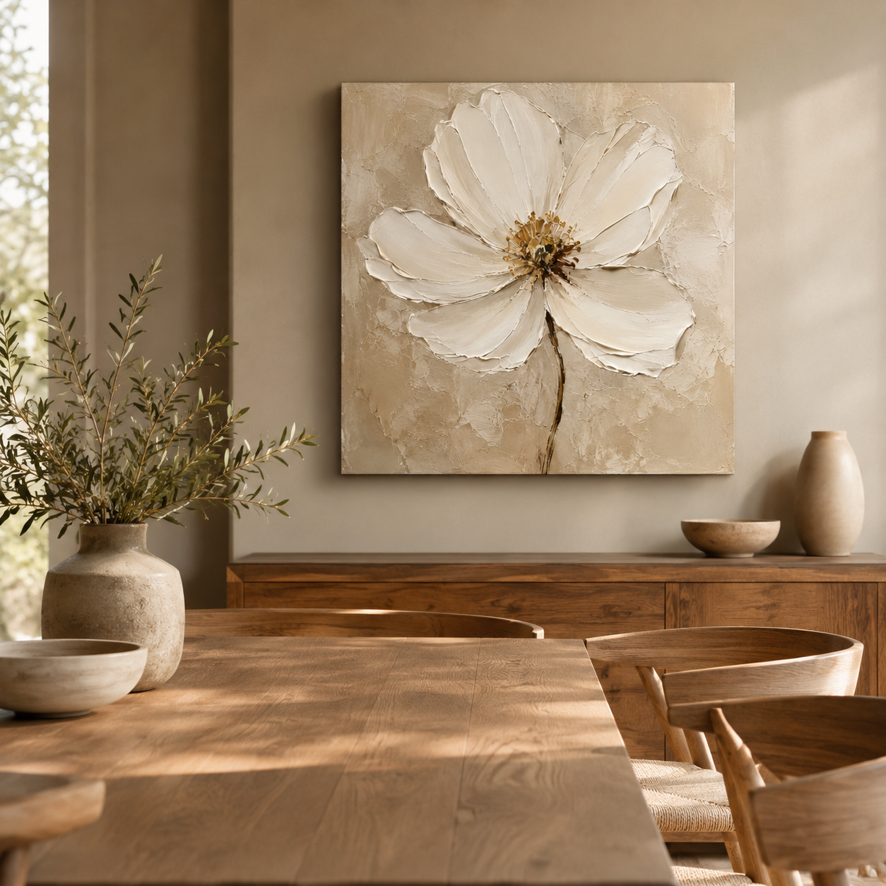 Ivory Bloom — textured ivory flower oil painting on canvas, neutral living room — image 4