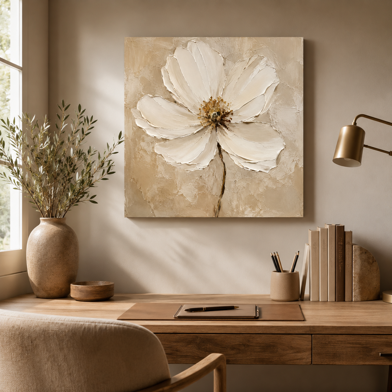 Ivory Bloom — textured ivory flower oil painting on canvas, neutral living room — image 5