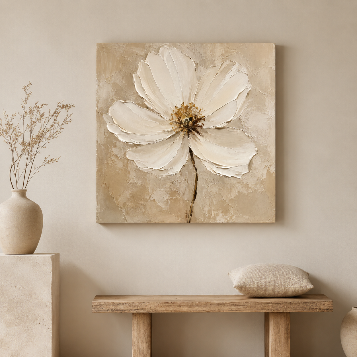 Ivory Bloom — textured ivory flower oil painting on canvas, neutral living room — image 8