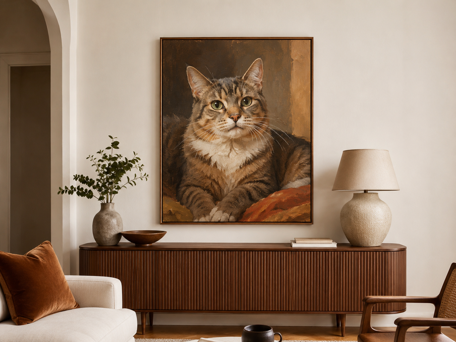 border collie sitting next to its own framed oil painting
